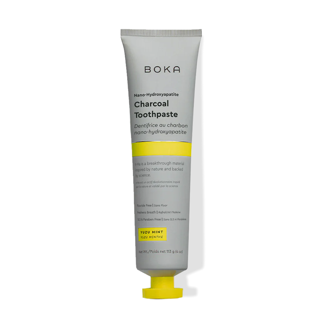 Boka charcoal toothpaste tube on a white background